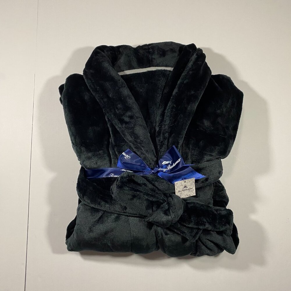 Tommy Bahama Long Black Plush Robe with belt - Picture 3 of 6